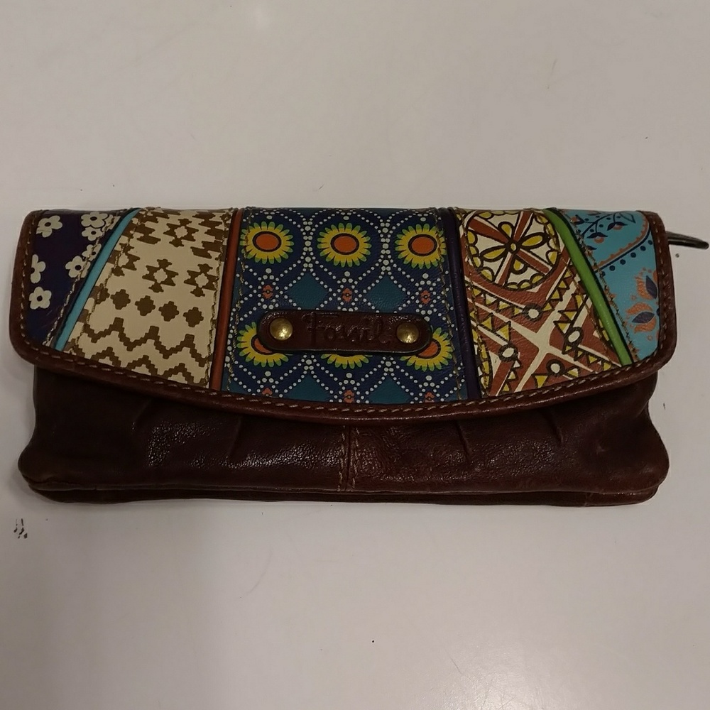 Fossil Leather Clutch W Colorful Pattern - image 1